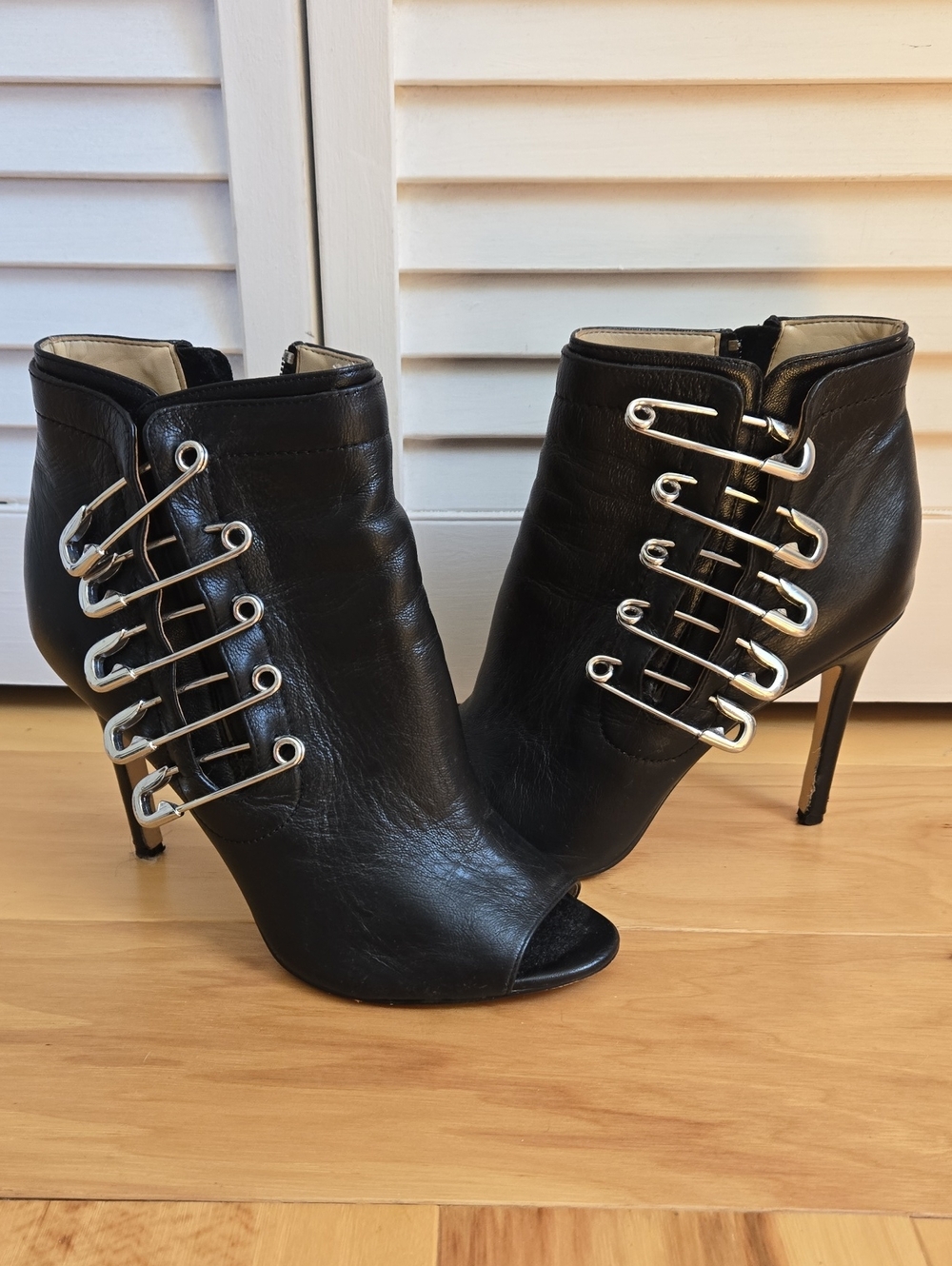 Katy Perry Collections Black Leather Peep-Toe Ankle Boots with Silver Hardware